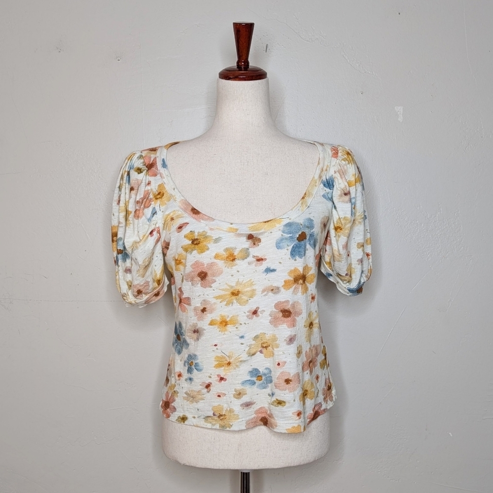 By Anthropologie‎ Floral Puff-Sleeve Scoop-Neck Top Size Small